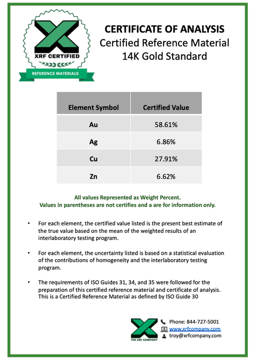 14K Gold CRM - 1/4" x 1/4" - Certified Reference Materials - Precious Metals - For XRF Analyzers