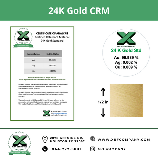 24K Gold CRM - 1/2" x 1/2" - Certified Reference Materials - Precious Metals - For XRF Analyzers