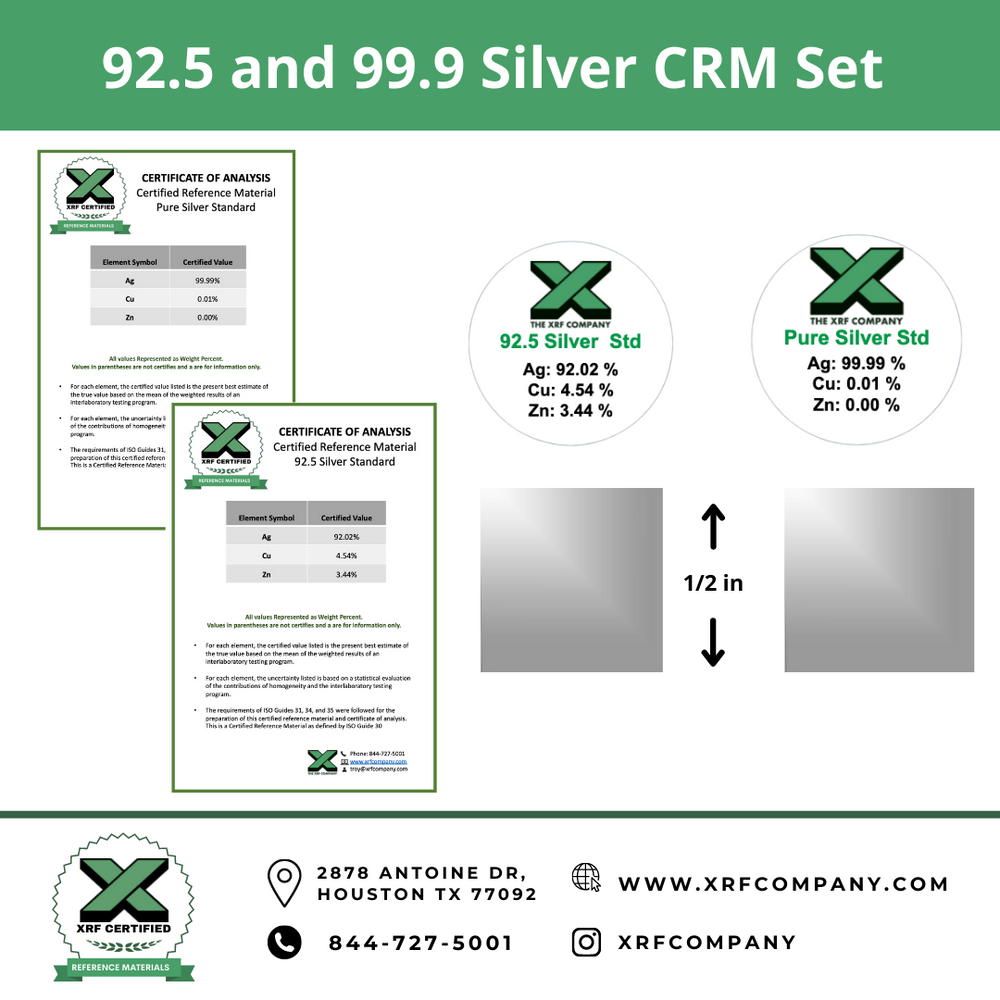 92.5 and 99.99 Silver CRM Set - Certified Reference Materials - Precious Metals - For XRF Analyzers