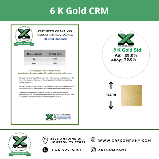 6K Gold CRM- Certified Reference Materials - Precious Metals - For XRF Analyzers
