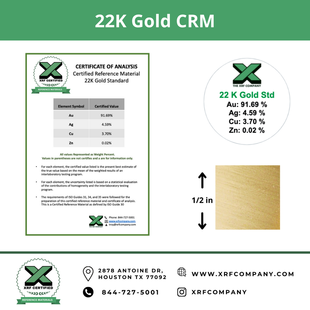 22K Gold CRM - 1/2" x 1/2" - Certified Reference Materials - Precious Metals - For XRF Analyzers
