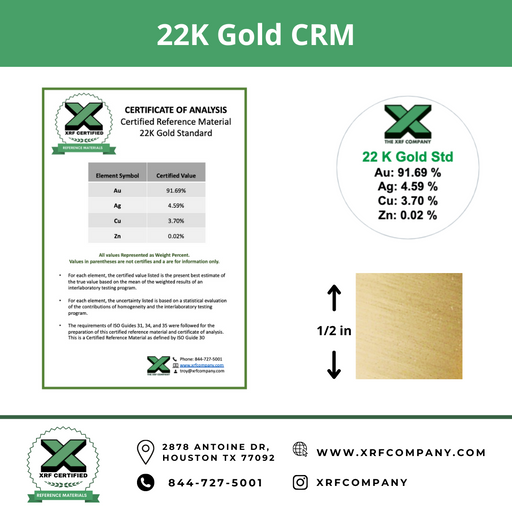 22K Gold CRM - 1/2" x 1/2" - Certified Reference Materials - Precious Metals - For XRF Analyzers