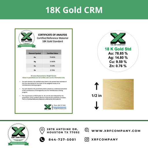 18K Gold CRM - 1/2" x 1/2" - Certified Reference Materials - Precious Metals - For XRF Analyzers