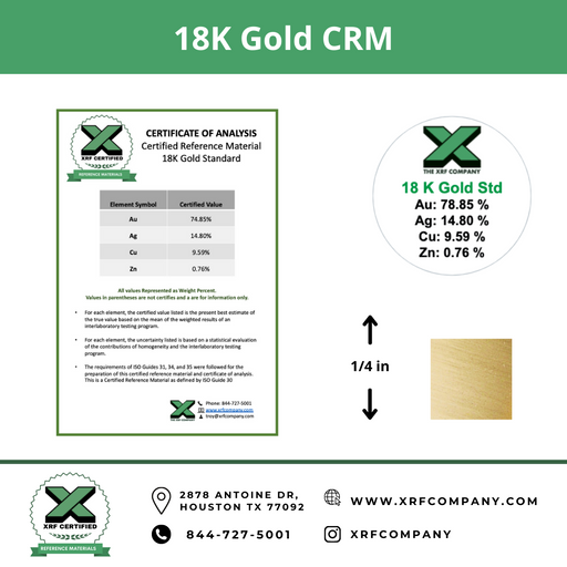 18K Gold CRM - 1/4" x 1/4" - Certified Reference Materials - Precious Metals - For XRF Analyzers