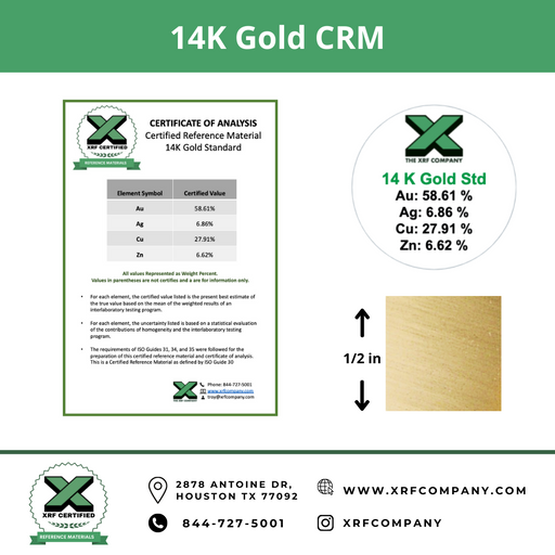 14K Gold CRM - 1/2" x 1/2" - Certified Reference Materials - Precious Metals - For XRF Analyzers