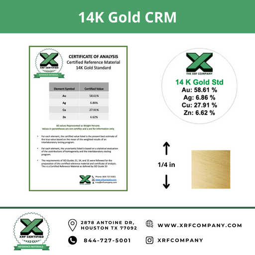 14K Gold CRM - 1/4" x 1/4" - Certified Reference Materials - Precious Metals - For XRF Analyzers